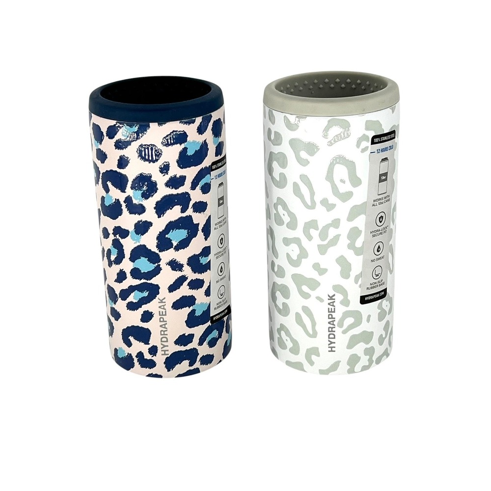 Set Of 2 Hydrapeak Leopard Slim Can Coolers Stainless Steel 12oz Insulated